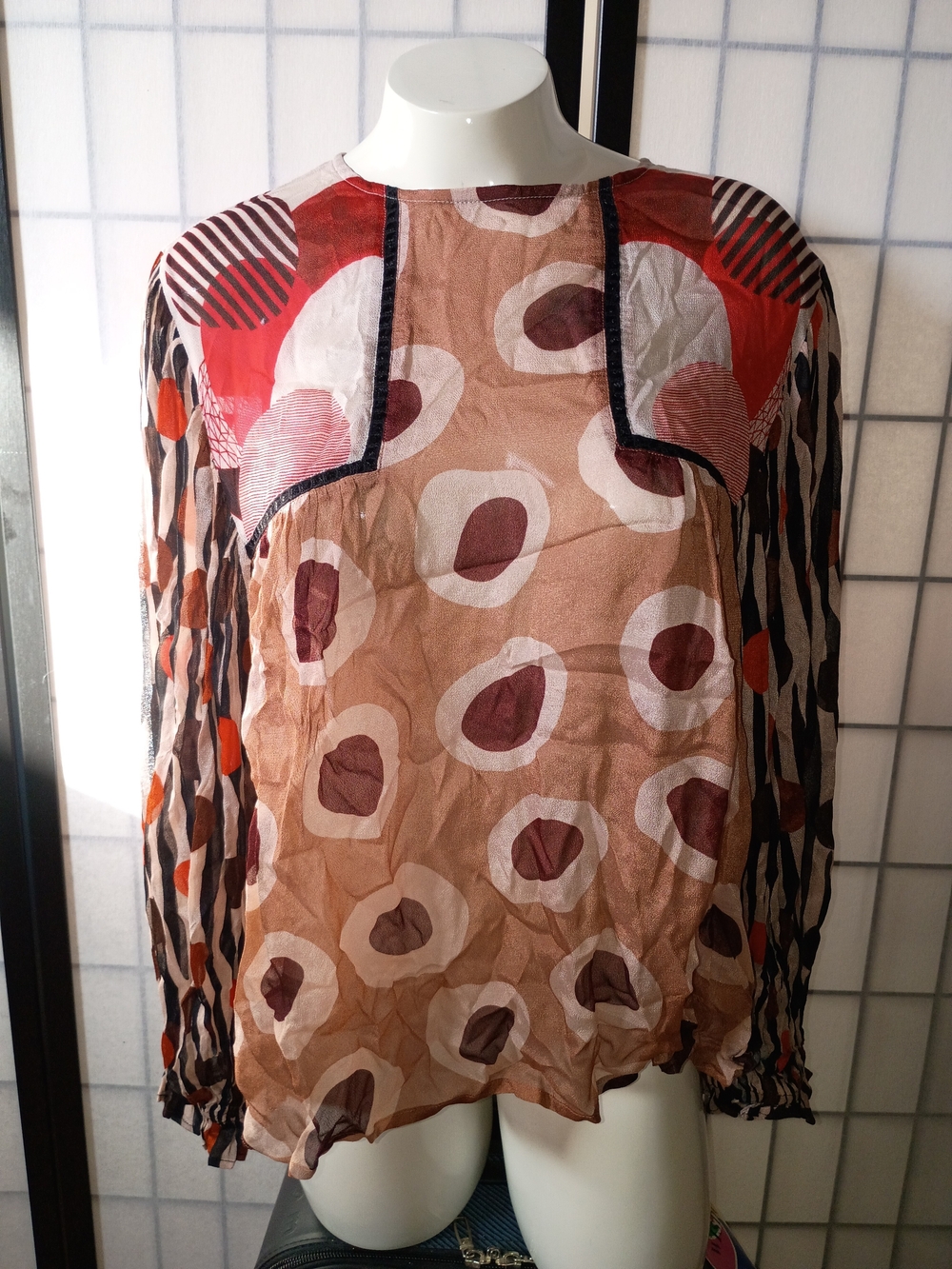 Blank London Miranda Peasant Abstract Print Long-Sleeve Blouse - Brown & Red